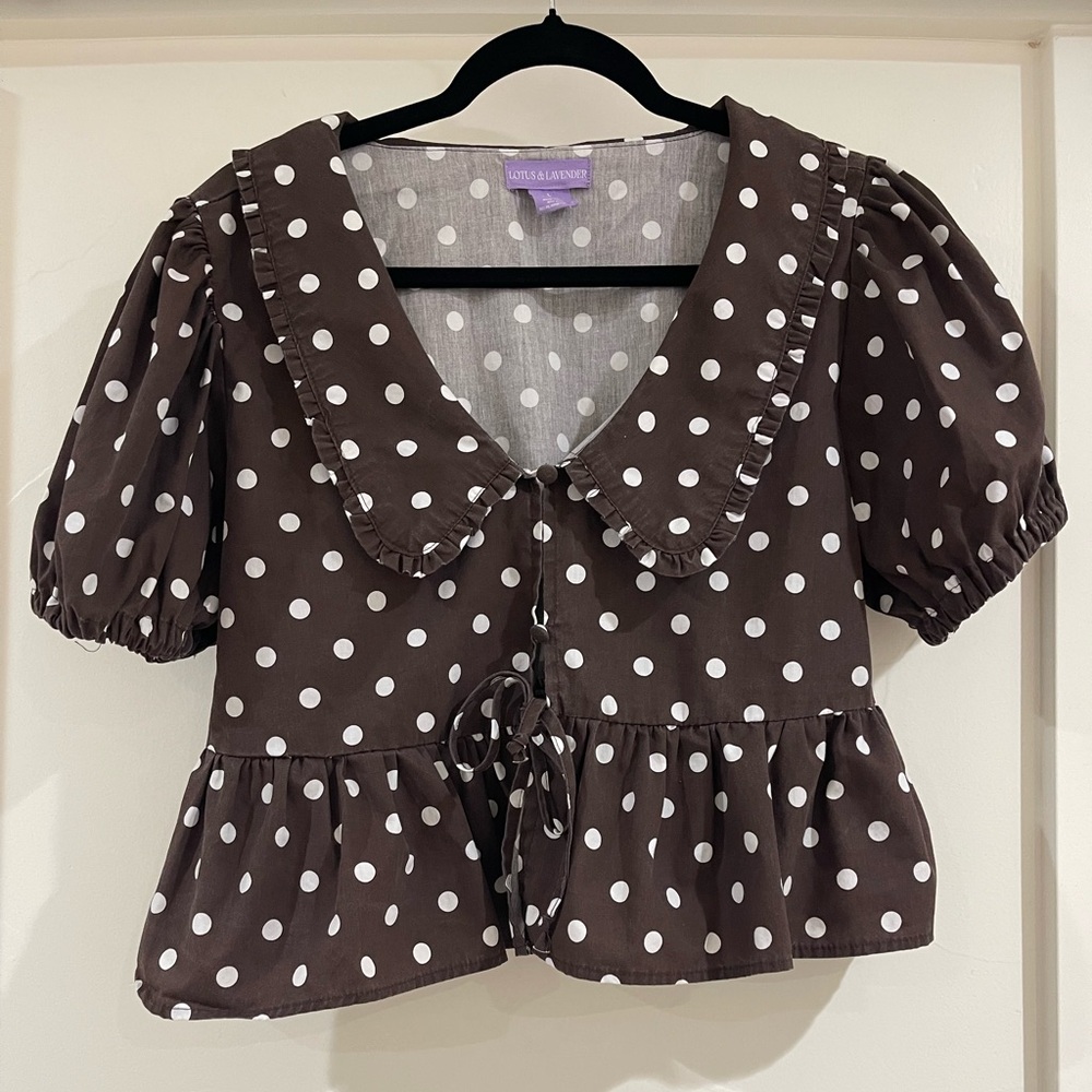 Polka Dot Peplum Blouse with Peter Pan Collar - Brown & White